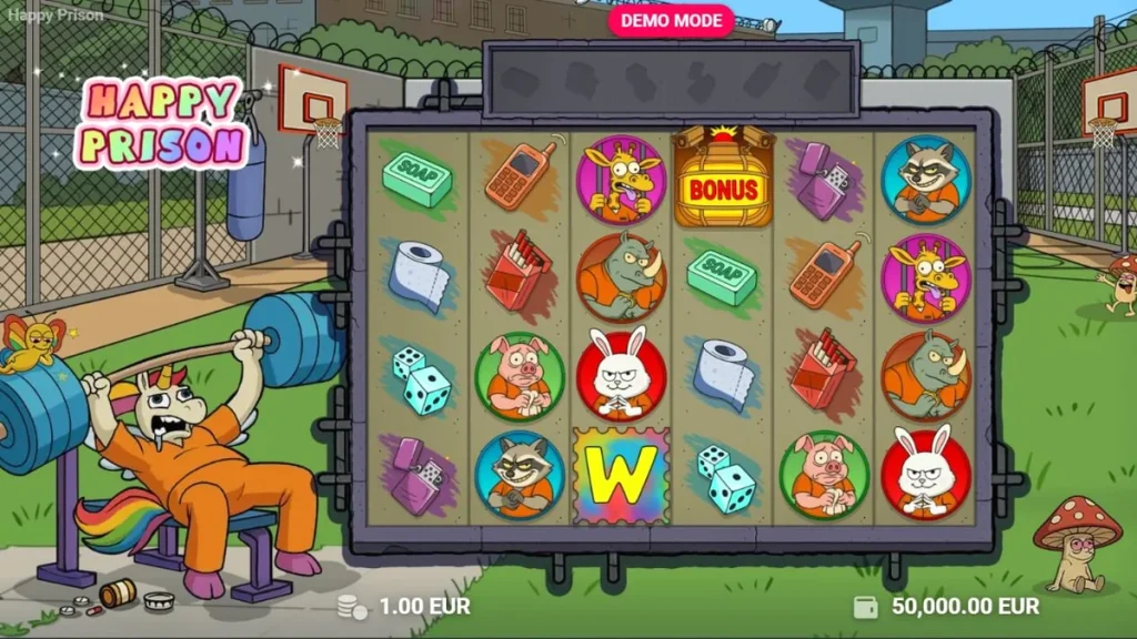 Tampilan visual slot Happy Prison dengan tema penjara kartun yang unik